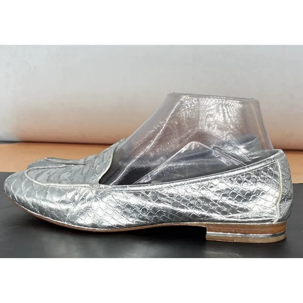 Michael Kors Silver Embossed Stacked Heel Italian sole Minimalist Flat 37 Us 7
